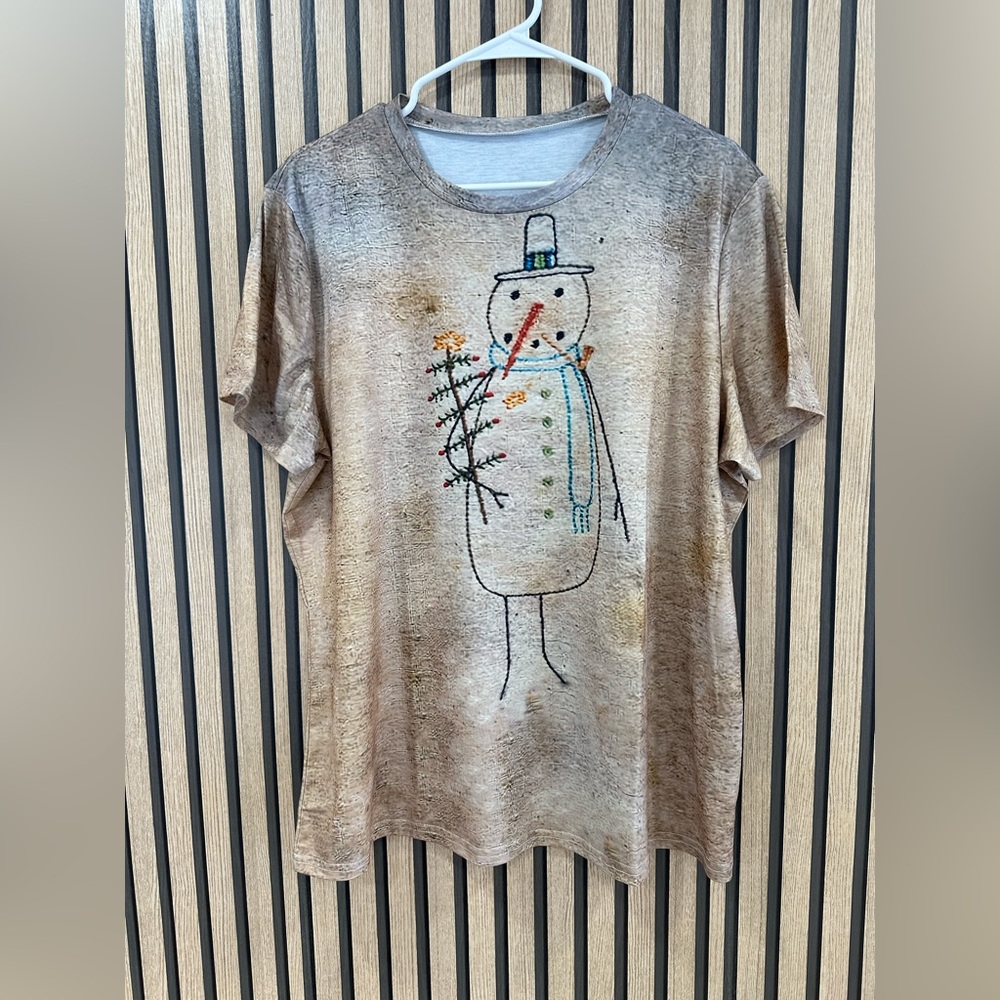 Women’s Snowman Graphic T-Shirt Short Sleeve Round Neck Brown Size XXL - Picture 2 of 3